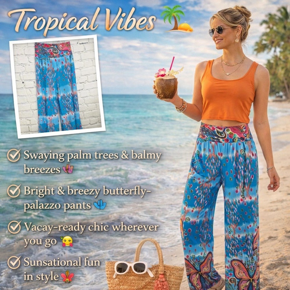 Casual Land Butterfly Paisley Print Boho Wide Leg Palazzo Pants Blue Pink‎ L